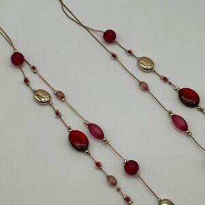 Charming Charlie Gold Tone Red Pink Beaded Double Strand Long‎ Necklace Fashion